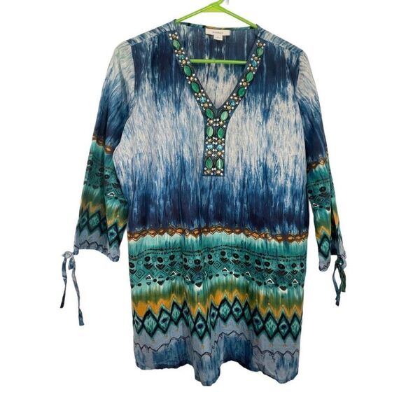 Dressbarn size large boho tie died tunic beaded neckline. - Picture 1 of 7